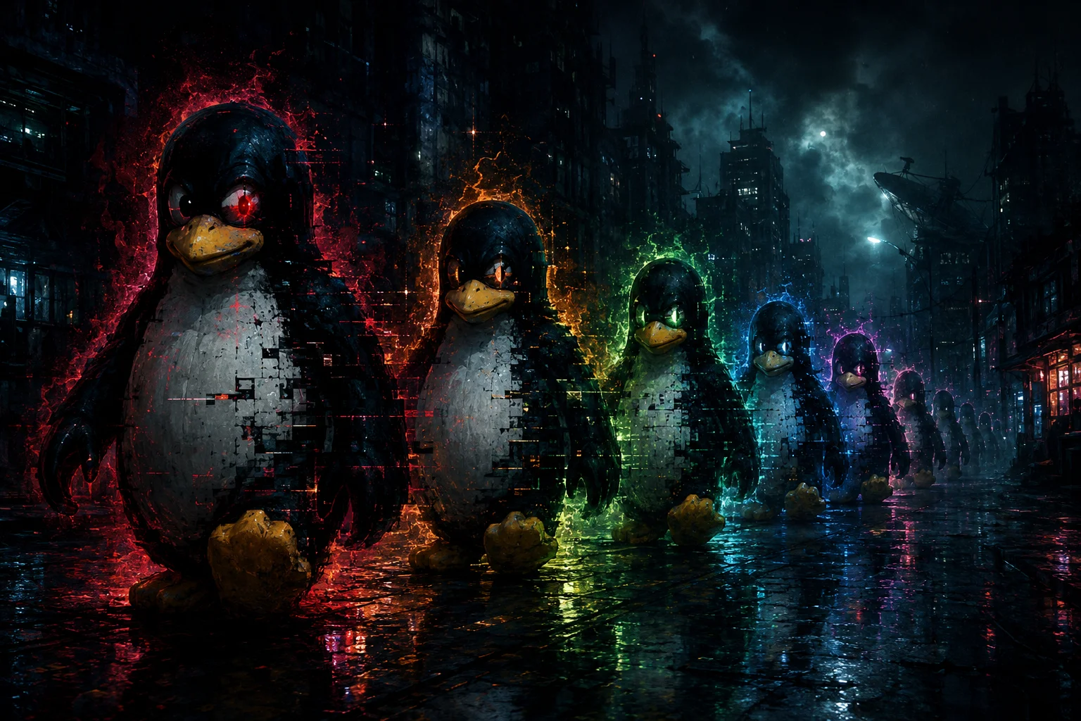 A parade of corrupted Linux penguins marching down a dark street