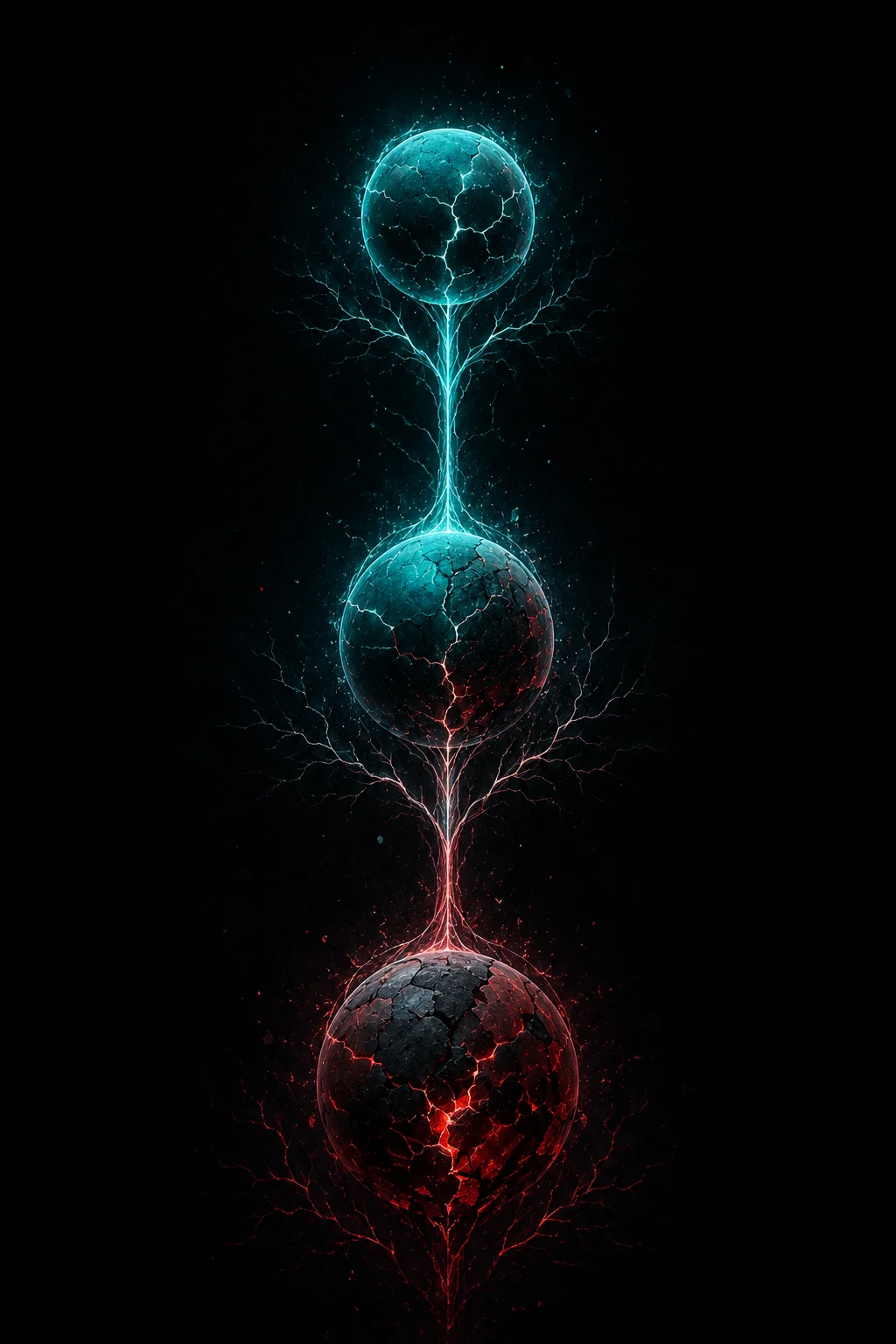 Three glowing orbs in a descending line, growing more corrupted toward the bottom, depicting a lineage