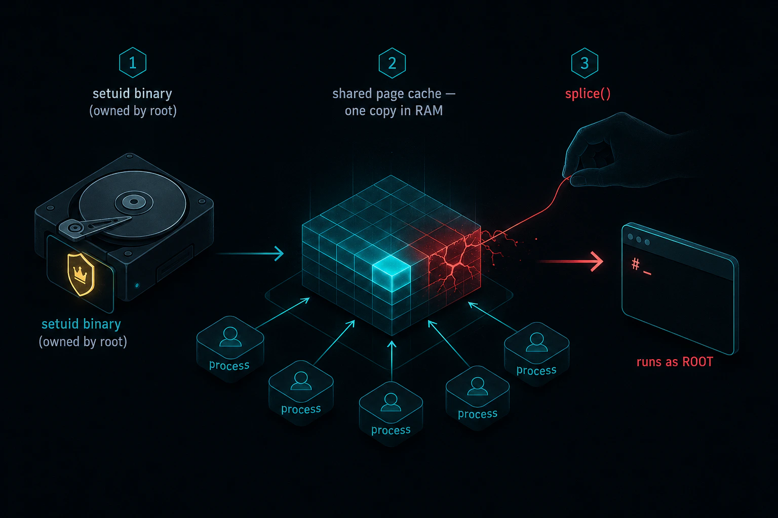 Diagram: a setuid binary loaded into the shared page cache, with an injected write via splice() leading to root