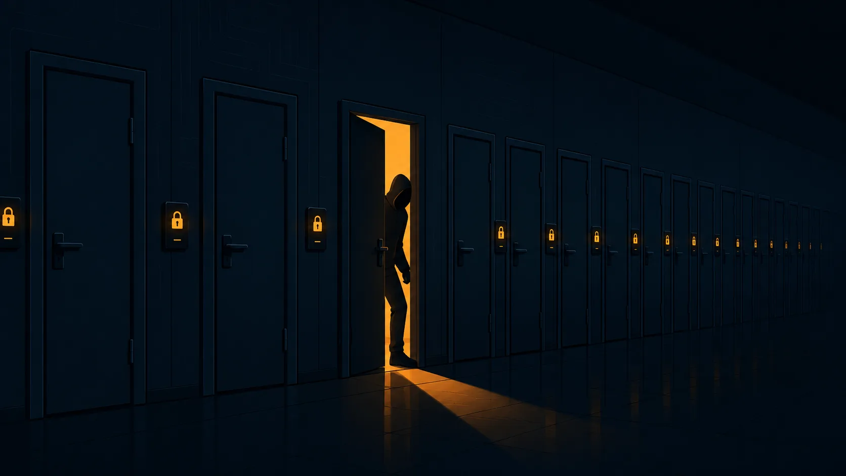 A row of locked doors in a dark hallway, one standing open with a hooded figure slipping through it