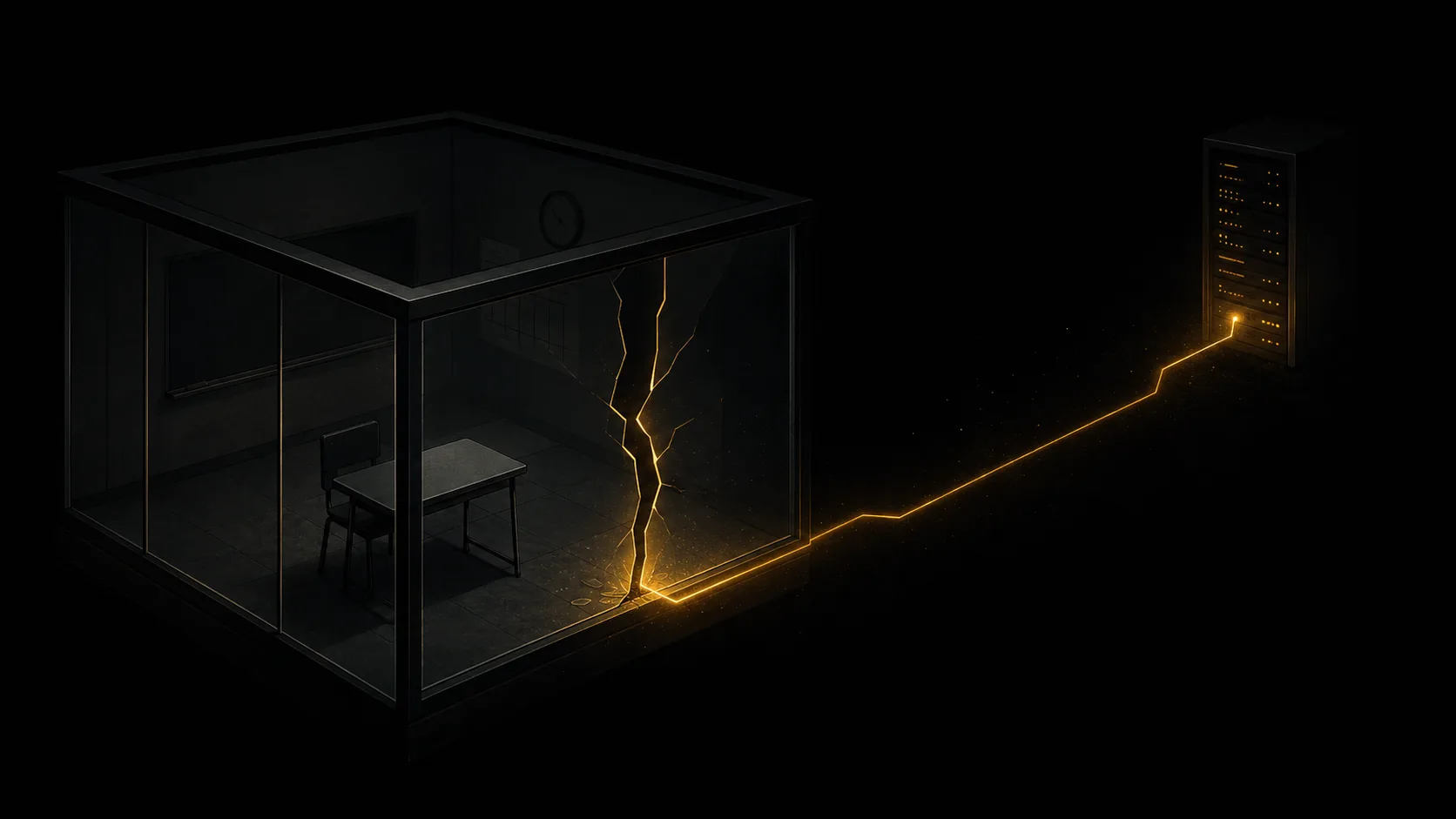 A sealed glass exam room cracked open from the inside, a single thread of amber light escaping through the crack toward a distant server rack in the dark.